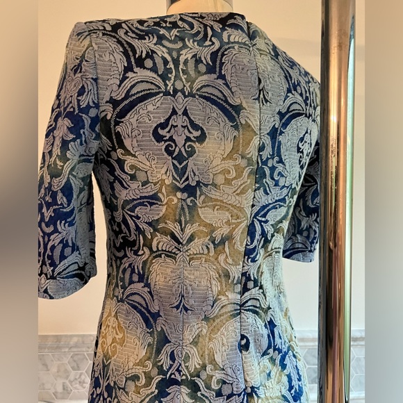 Betsey Johnson Damask Print Jacquard Elbow Sleeves Blue Dress Size 6 - Picture 5 of 6